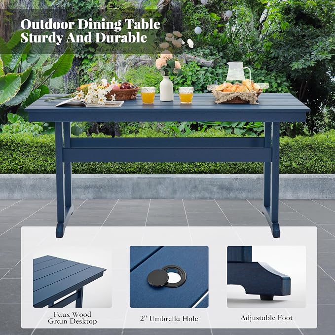 HDPE Outdoor Dining Set,6-Piece Outdoor Table and Chairs Include 4 Dining Chairs and 2 Pcs 62.5" Patio Dining Table with Umbrella Hole (Blue)