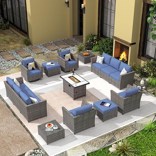 CAODOC 16 Pieces Patio Furniture Conversation Set with 42" Fire Pit Table Rocking Chair Outdoor Sectional Gray Wicker Sofa Set
