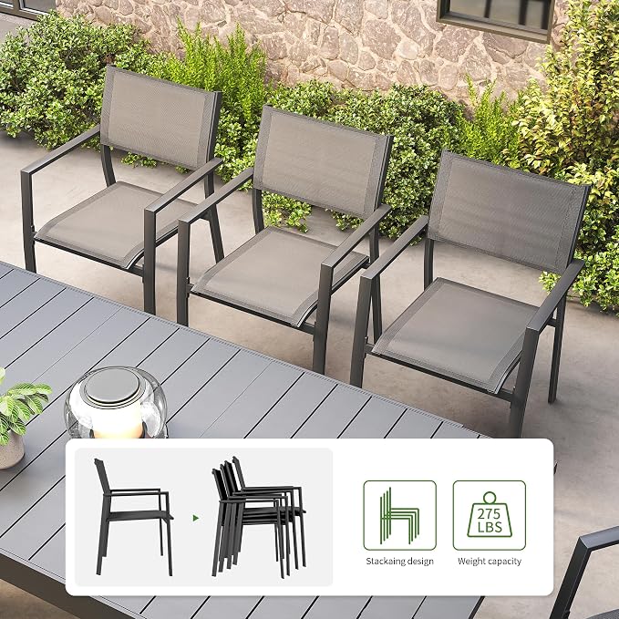 Outdoor Dining Set, 9 Piece Expandable Dining Table and Patio Swivel Chairs Set, Aluminum Patio Furniture Set for Table with Umbrella Hole and 8 Chairs for Patio, Garden, Lawn, Deck(Black)