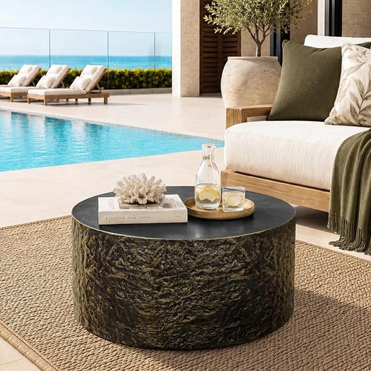 UPHA 28" Round Outdoor Coffee Table, Modern Hollow Concrete Patio Table, Small Minimalist Low Accent Table for Living Room, Balcony, Deck, Backyard, Bronze