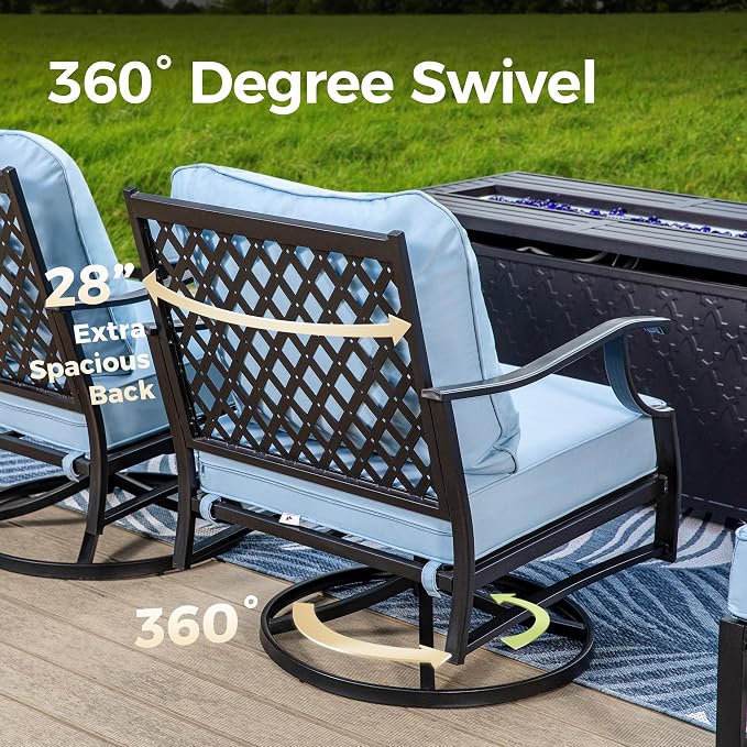 MIXPATIO Patio Furniture Set with Firepit Table, 4 Pcs Metal Outdoor Conversation Set, 2 Swivel Chairs and 3 Seater Sofa with 5.75" Extra Thick Cushion and Gas Fire Pit Table for Backyard Deck, Blue