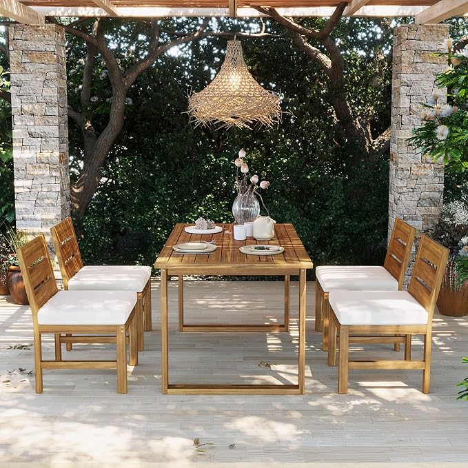 VilroCaz 5-Piece Outdoor Patio Dining Set with Adjustable Legs, Acacia Wood Rectangle Dinning Table and 4 Chairs& Cushions, All-Weather Dining Set for Garden Backyard Lawn (Natural+Beige)