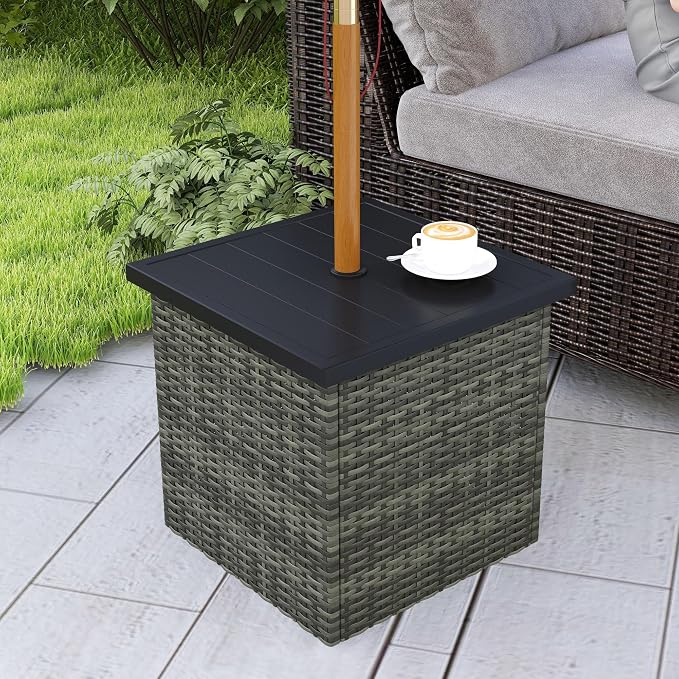 Outsunny All Weather Wicker Side Table with 1.5" Umbrella Hole, Square PE Rattan Outdoor End Table with Umbrella Base, UV-Resistant Frame, Storage Space for Patio, Garden, Poolside, Deck, Mixed-Gray