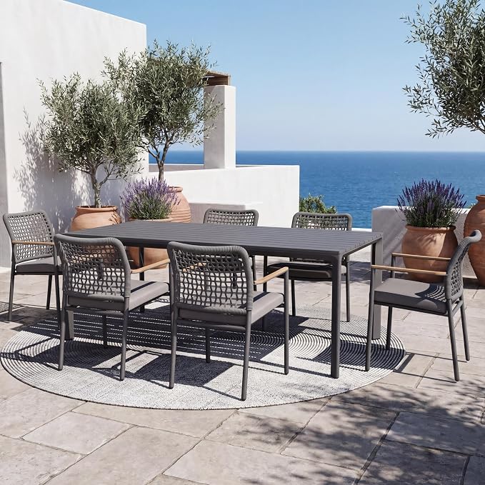 Modern Shade 7 Piece Luxury Outdoor Dining Set, Large Outdoor Table and Chairs with Fade Resistant Cushions & Teak Accents, Premium Aluminum Patio Table and Chairs Set for Outdoor Entertaining, Gray