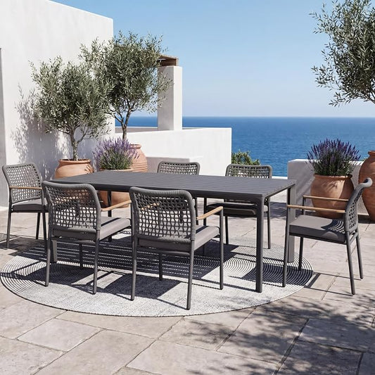 Modern Shade 7 Piece Luxury Outdoor Dining Set, Large Outdoor Table and Chairs with Fade Resistant Cushions & Teak Accents, Premium Aluminum Patio Table and Chairs Set for Outdoor Entertaining, Gray