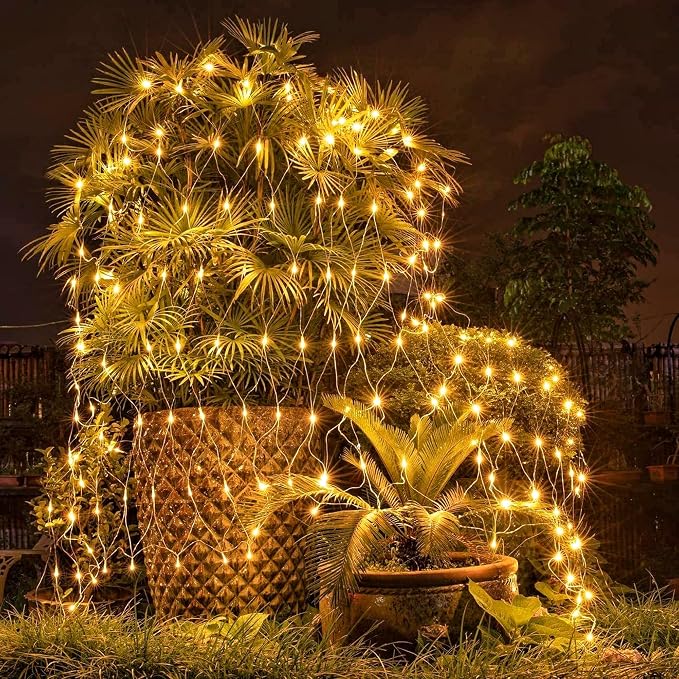 LJLNION Christmas Net Lights, 360 LED 12ft x 5ft Connectable Mesh Fairy String Lights,8 Modes Low Voltage Safe Adaptor for Xmas Trees, Bushes, Wedding, Outdoor Garden Decorations, Warm White