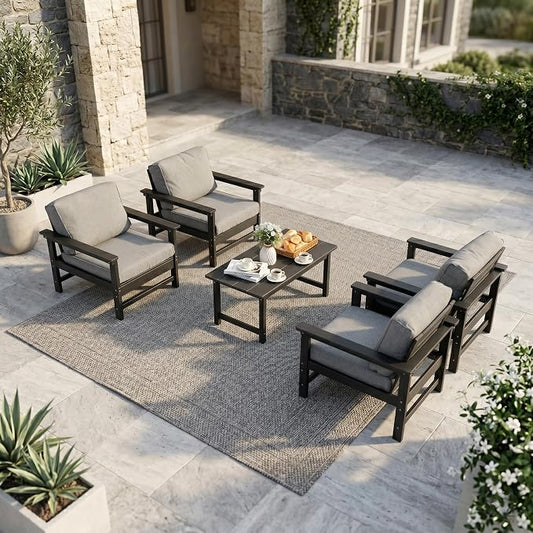 5-Piece Outdoor Patio Furniture Set, HDPE Conversation Set with 4 Ergonomic Armchairs & Large Coffee Table, Waterproof & UV-Resistant Outdoor Chairs with Cushions for Garden, Deck
