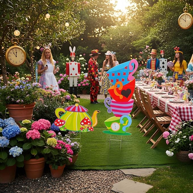 2 Pcs Giant Alice Party Decorations Props Sets Wonderland Yard Signs Decor Mad HatterTea Party Decoration Alice Themed Trick or Treat Stacked TeacupsTeapot with Stakes Stand Indoor Outdoor