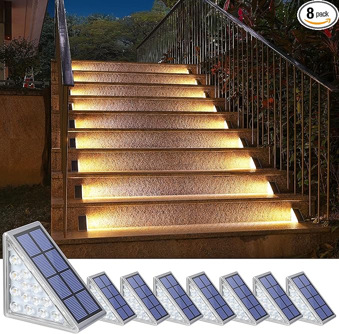 Outdoor Step Lights,8 Pack Warm White Solar Step Lights Waterproof IP67 Auto On Off,Solar Lights for Steps,Stair,Patio,Yard,Porch,Front Door,Sidewalk,Deck Decor