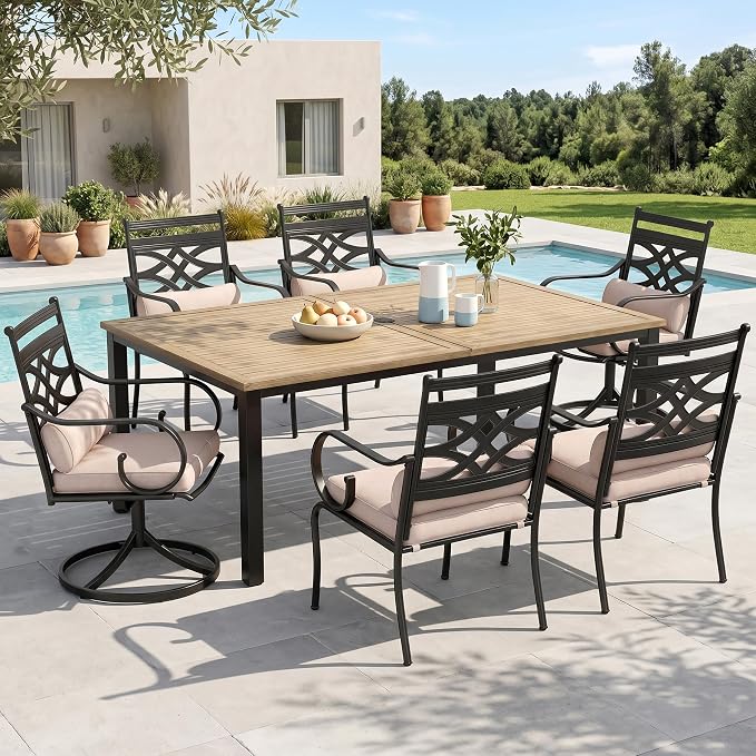 MFSTUDIO 7-Piece Patio Dining Set, 64" Wood-Look Table, Swivel Chairs | Cushions Chairs, Mixed Swivel and Fixed Chairs, Umbrella Hole, Seats 6, All-Weather Use
