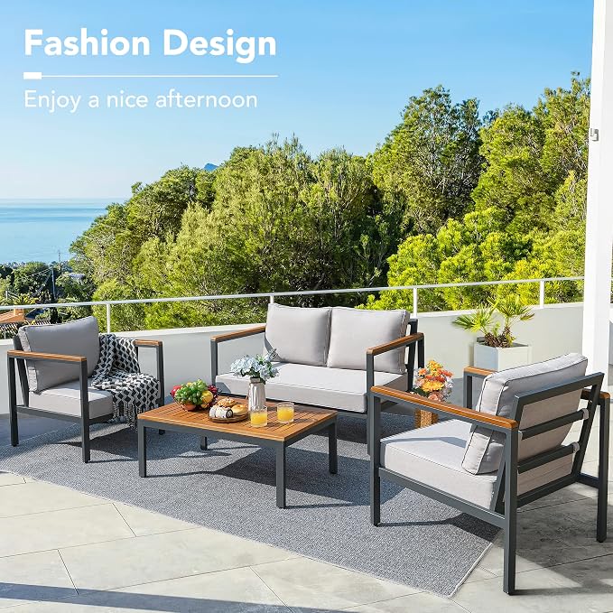 Devoko 4 Pieces Patio Furniture Sets Outdoor Conversation Set Acacia Wood Sofa Set with Coffee Table Thicker Sponge Cushion
