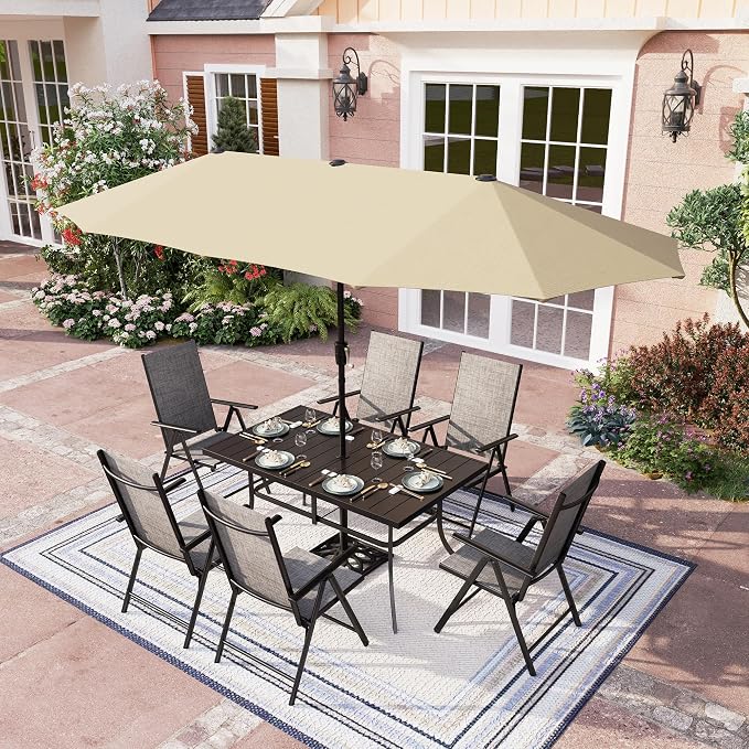 PHI VILLA Outdoor Patio Dining Set with Umbrella for 6, Folding Chairs | Light-weight & portable, Breathable & quick-drying textilene fabric, Weather-resiatant, 13Ft beige umbrella without base