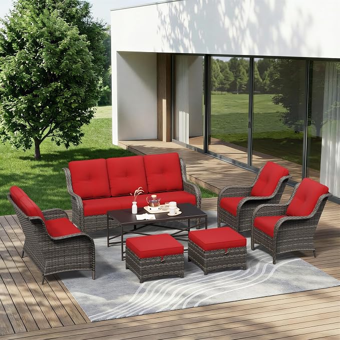 7 Piece Outdoor Wicker Patio Furniture Set, Patio Chairs Set with Thickened Olefin Cushions, High Back and Deep Seating, Hand-Woven PE Rattan, Ottoman for Porch, Deck