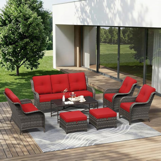 7 Piece Outdoor Wicker Patio Furniture Set, Patio Chairs Set with Thickened Olefin Cushions, High Back and Deep Seating, Hand-Woven PE Rattan, Ottoman for Porch, Deck