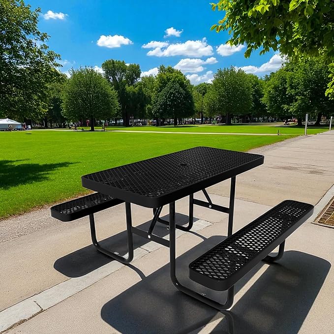 4FT Metal Picnic Table with Benches, Rectangular Lifetime Picnic Table with Umbrella Hole, Outdoor Furniture Heavy Duty Sturdy Commercial Picnic Tables for Patio Garden Courtyard BBQ Shopping Centers