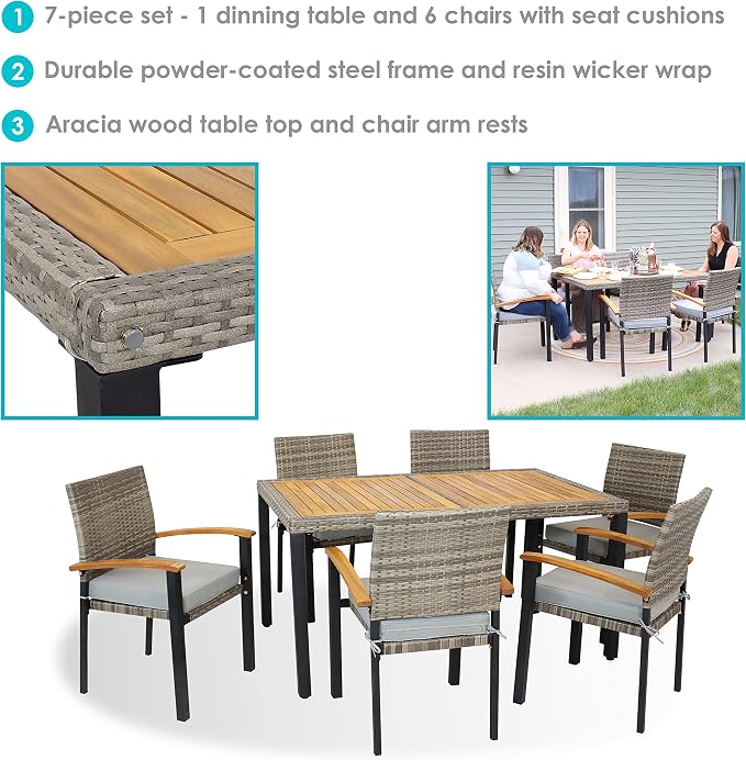 Sunnydaze Carlow 7-Piece Rattan and Acacia Outdoor Dining Set - 1 Table and 6 Chairs with Seat Cushions - Stone Gray
