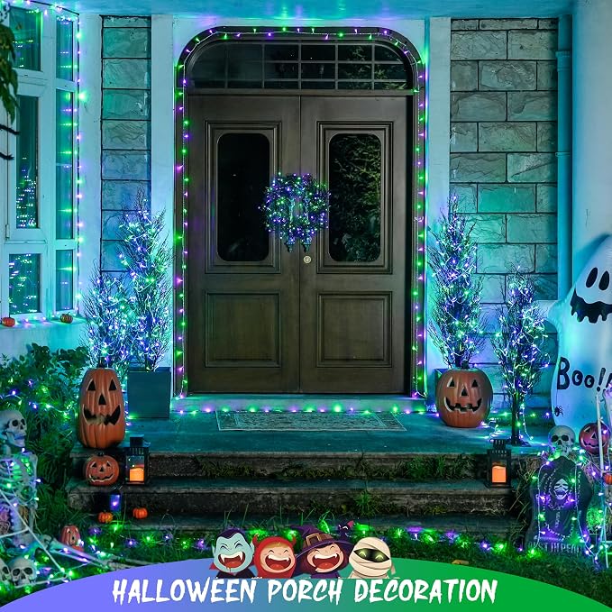 JMEXSUSS Connectable Purple and Green Halloween Lights Plug-in | 8 Modes 100 LED Twinkle String Light Indoor, Clear Wire Christmas Lights Outdoor Waterproof for Halloween Christmas Decor