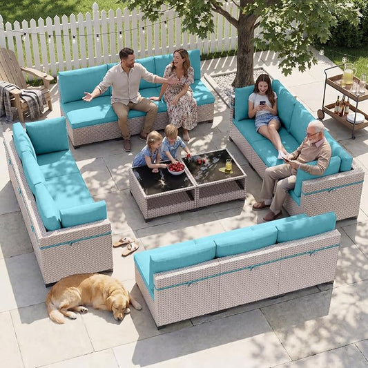 Patio Furniture Set, 14-Piece Outdoor Sectional Sofa with 2-Layer Glass Coffee Table, Wicker Patio Conversation Set with Cyan Cushions for Backyard, Poolside, Porch