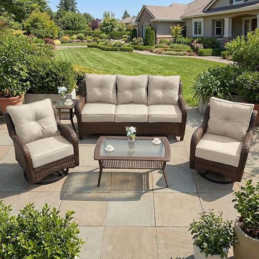 Luxury Patio Conversation Set, 5-Piece Ergonomic High Back Wicker Sofa&Swivel Chair Set with 6-Inch Deep Seating Cushions, Large Patio Furniture Set for Garden, Deck & Balcony, Beige