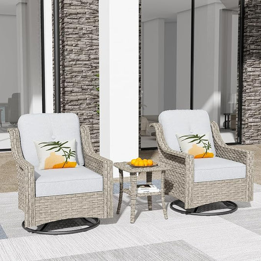 HOOOWOOO 3 Piece Patio Furniture Bistro Sets,Outdoor Wicker Swivel Rocking Chairs with Table Set,All Weather Resistant High Back Rattan Conversation Set(Light Grey Gray)