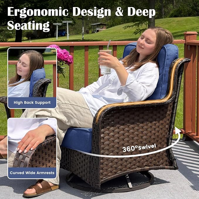 Sundale Outdoor 5 Piece Patio Furniture Set with Ottoman, Wicker Outdoor Swivel Chairs with 6" Cushions, High Back Rattan Patio Conversation Sets with Deep Seating for Porch, Yard (Blue)