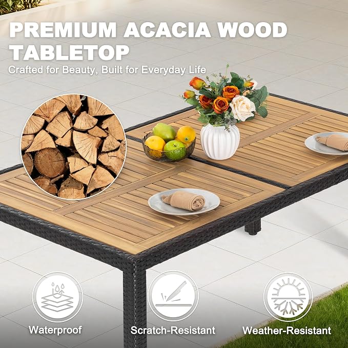 NUU GARDEN 59 x 35 Inch Outdoor Patio Dining Table for 6, Acacia Wood Slatted Tabletop with Rattan Wrapped Metal Frame, All Weather Outdoor Table for Garden Backyard Lawn, Black