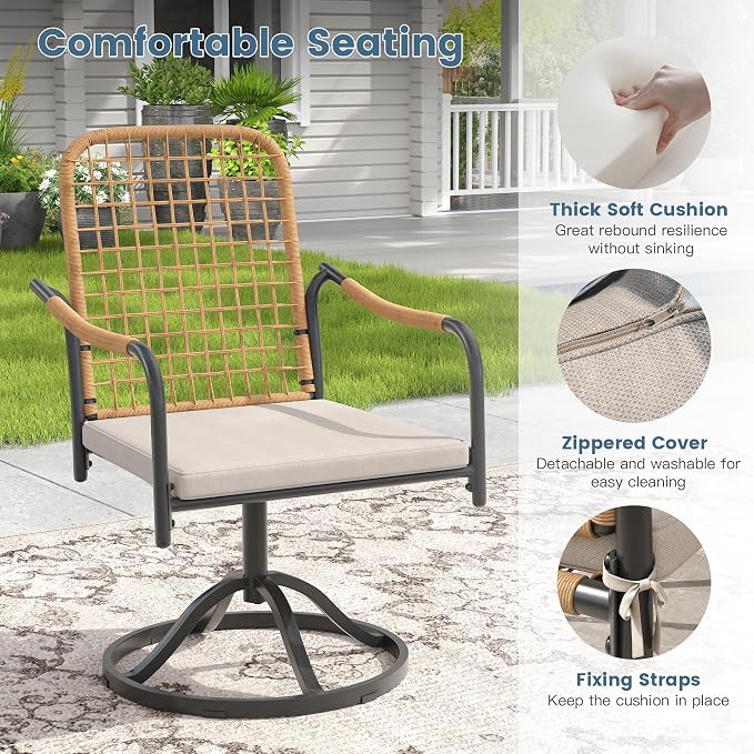 DIFY 7 Pieces Outdoor Dining Set, Metal Patio Table and Chairs Set for 6, 50" Round Dining Table with Umbrella Hole & Wicker Swivel Patio Chairs with Cushions, Walnut Tabletop