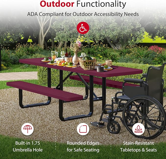 Leisure Craft Metal Picnic Table with Bench - 8 ft Rectangle Outdoor Dining Table with Umbrella Hole, Heavy Duty Thermoplastic Coating, ADA Compliant, Commercial Grade Furniture Made in USA - Burgundy