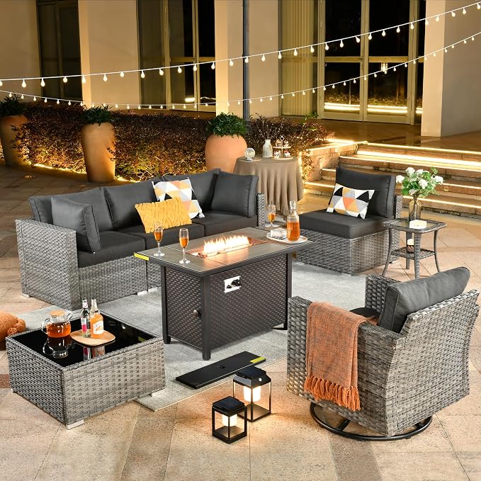 Weaxty 8 Piece Outdoor Sectional with Fire Pit Table, All Weather Wicker Patio Furniture Set with Swivel Rocker Chair Coffee Table, Thick Cushion Couch Conversation Sets for Garden Deck Backyard Black