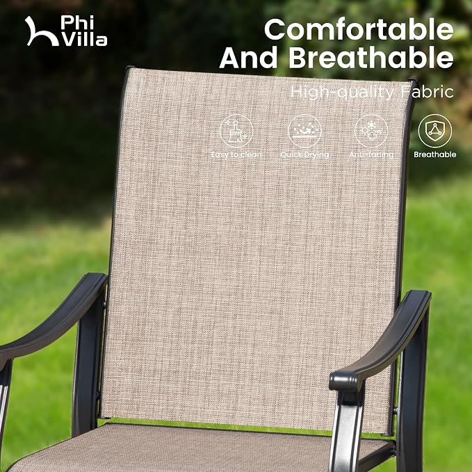 PHI VILLA Outdoor Dining Set for 4 w/Round Metal Patio Table | Textilene chairs, Weather-resistant, Breathable & quick-drying, Umbrella hole, Patio deck backyard, 5 piece