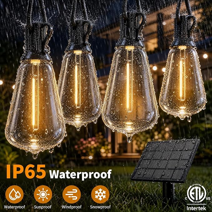 Hotsonic Solar Outdoor String Lights Waterproof, 50FT Remote Control LED Outside Lights with Shatterproof Bulbs, Dimmable Hanging Lights for Patio Porch Garden pergola Yard House Bistro Party decors ﻿