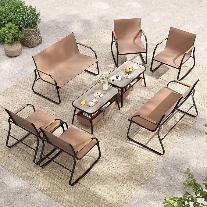 HAPPYGRILL Outdoor Conversation Set with Bistro Rocking Chairs, Loveseat, Storage Coffee Table, Patio Furniture Set with Heavy-Duty Metal Frame, Breathable Mesh Fabric (2)