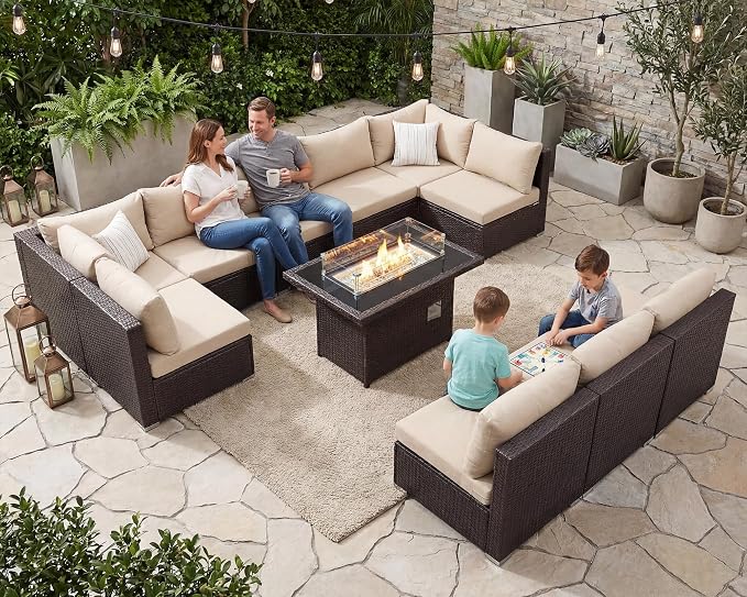 BULEXYARD 11 Piece High Back Wicker Patio Furniture Sets with Fire Pit, Luxury Plus Size Outdoor Seating Set, Comfortable Extra Wide Deep 10-Seater Sectional Couch Sofa for Outside, Brown & Beige