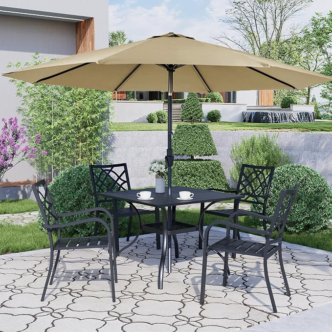 Crownland 5 Piece Outdoor Dining Set, Patio Metal Dining Sets, 4 Stackable Metal Chairs and Square Outdoor Dining Table with Khaki 9FT Round Outdoor Umbrella, for Backyard, Garden (Classic Black)