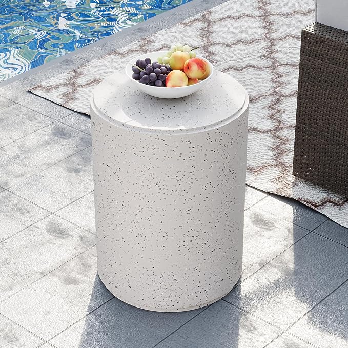 HOMPUS Outdoor Side Table Round, Concrete Lightweight MgO End Table, Patio Accent Coffee Table Garden Tool for Patio, Porch and Deck, Spotted White