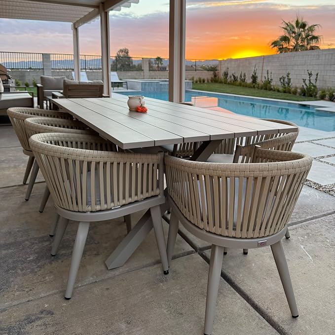 PURPLE LEAF 9 Pieces Outdoor Dining Set with Patio Aluminium Dining Table and Wicker Rattan Chairs Modern Furniture Cushions Sets for Backyard Indoor Decor Kitchen Champagne
