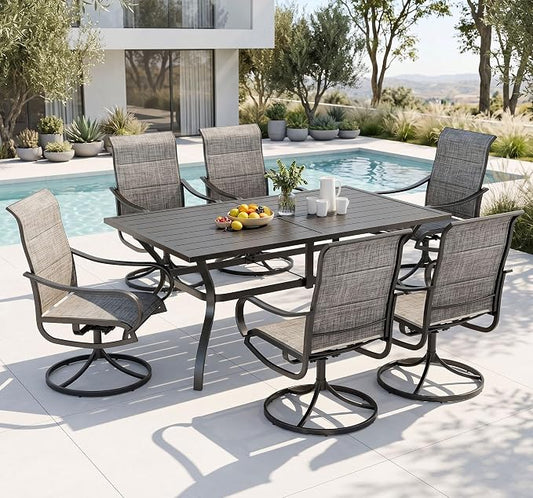PHI VILLA Outdoor Dining Set for 6, Swivel Padded Textilene Chairs, Brown | 7 piece patio furniture set Includes rectangle metal table and breathable high back chairs, weather-resistant, deck, backyard