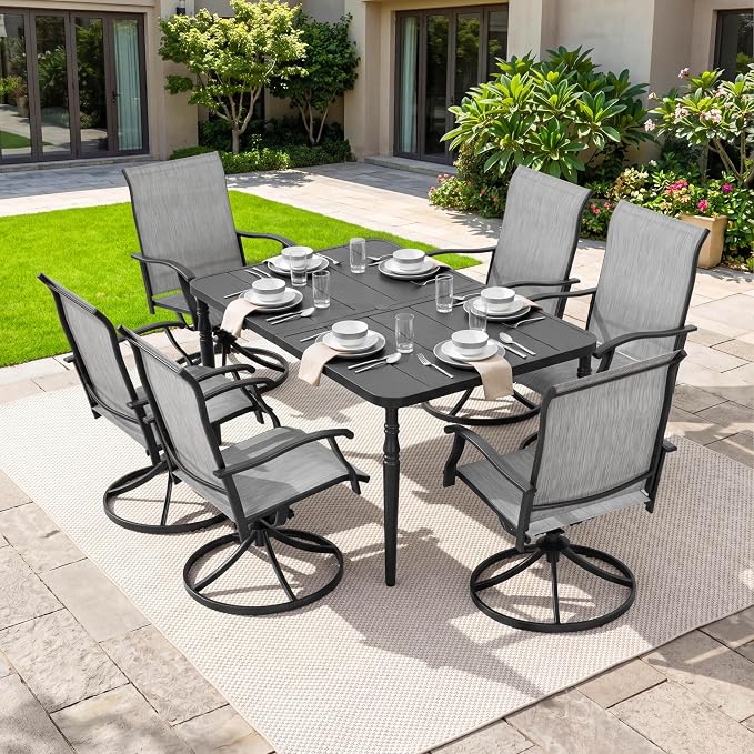 NUU GARDEN 7 Piece Patio Dining Set for 6 with Swivel Chairs | 61" x 37" table with umbrella hole and 6 breathable Textilene swivel chairs featuring ergonomic high backs.