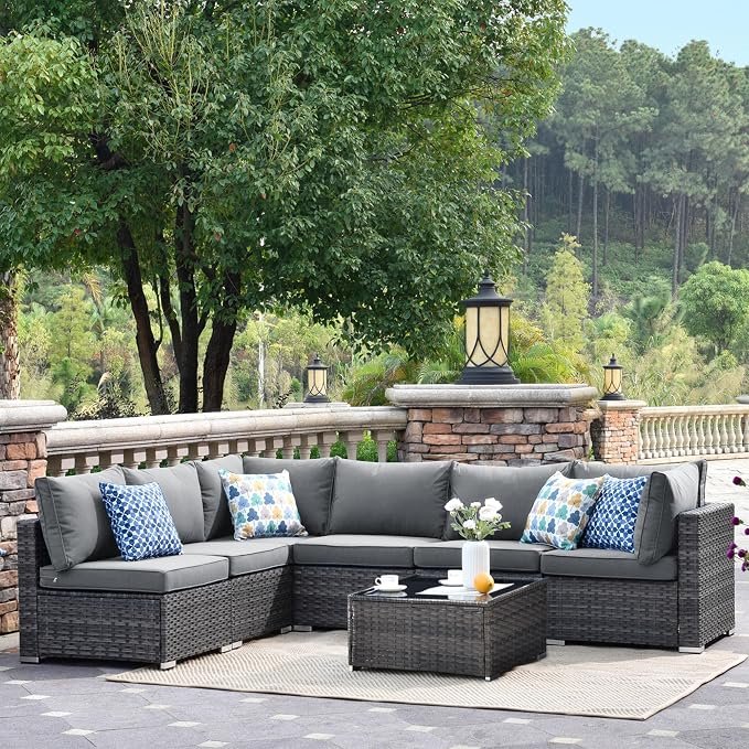 HOOOWOOO 7 Piece Patio Sectional Furniture Set,Modern Wicker Outdoor Conversation Sofa Sets,Weather Resistant Modular L Shaped Outside Couch Table Set(Charcoal Gray)