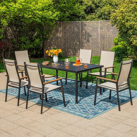 MFSTUDIO 7 PCS Patio Dining Set with 6 Stacking Aluminum Armchair(Beige) and 64" Rectangular Heavy Duty Table