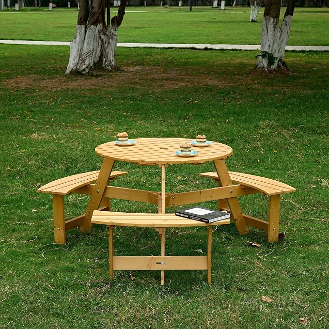 JOYBASE 6-Person Wooden Picnic Table, Outdoor Round Table with Built-in Benches and Umbrella Hole, Picnic Table Bench Set for Patio, Backyard, Garden (Natural)