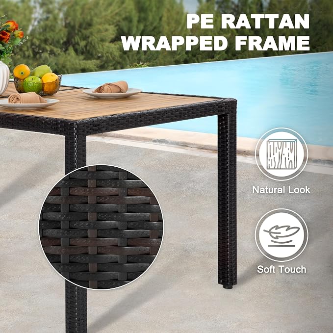 NUU GARDEN 59 x 35 Inch Outdoor Patio Dining Table for 6, Acacia Wood Slatted Tabletop with Rattan Wrapped Metal Frame, All Weather Outdoor Table for Garden Backyard Lawn, Black