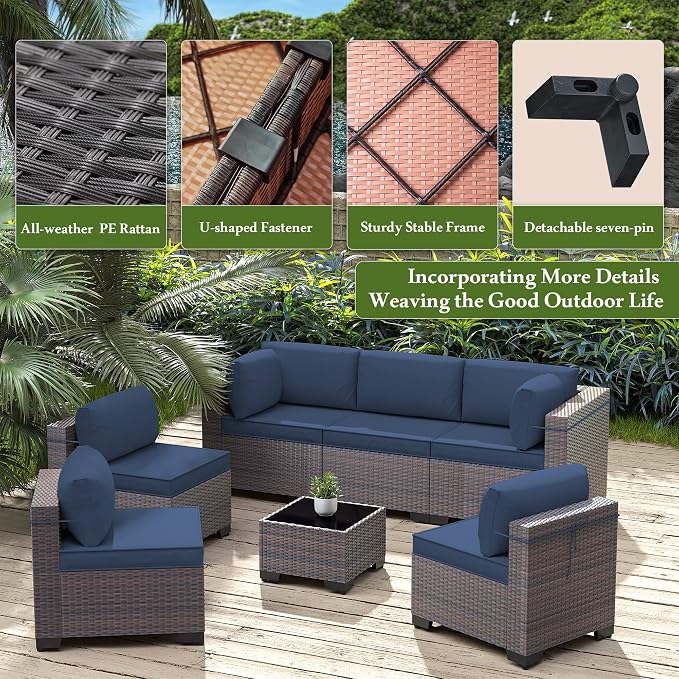 9 Pieces Outdoor Patio Furniture Set,Outdoor Sectional Furniture All Weather PE Rattan Wicker Patio Conversation Set with Coffee Table and 8 Thickened Cushions,Navy Blue