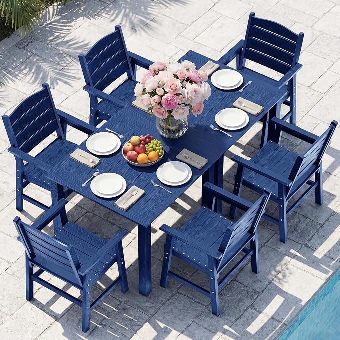 YEFU HIPS Patio Dining Set for 6 : Modern Outdoor Table and Chairs Easy Clean Outdoor Dining Set - 8-Piece Waterproof All-Weather Easy Assembly Furniture for Backyard Garden Deck（Navy）