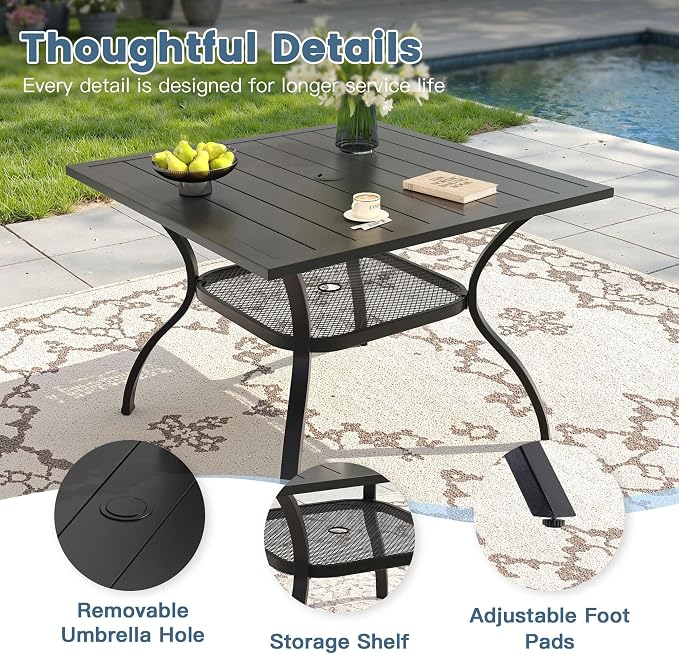 DIFY 5 Piece Outdoor Dining Set, 38" Black Square Metal Patio Table and Dark Grey Textilene Stackable Chairs for 4, All Weather Patio Furniture Set with Umbrella Hole for Backyard Garden Deck