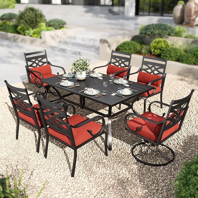 PHI VILLA Patio Dining Set, Swivel Chairs, Metal Table | Metal chairs, Red Cushion, Umbrella Hole, Cushions, E-coated