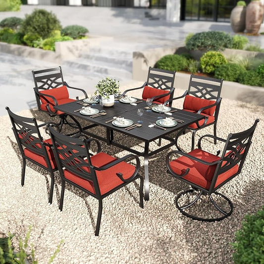 PHI VILLA Patio Dining Set, Swivel Chairs, Metal Table | Metal chairs, Red Cushion, Umbrella Hole, Cushions, E-coated