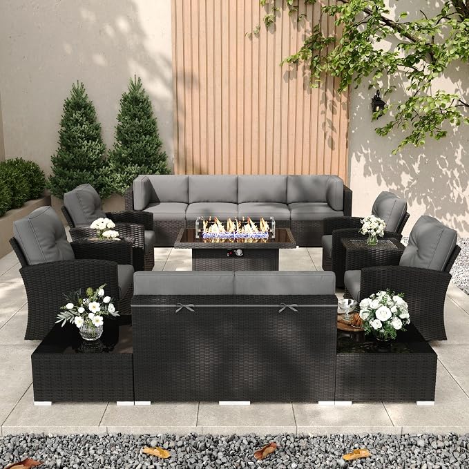 Patio Furniture Set with Fire Pit Table, 15 Pieces Outdoor All-Weather Wicker Conversation Sectional Chair Sofa Set with 4 Swivel Chairs