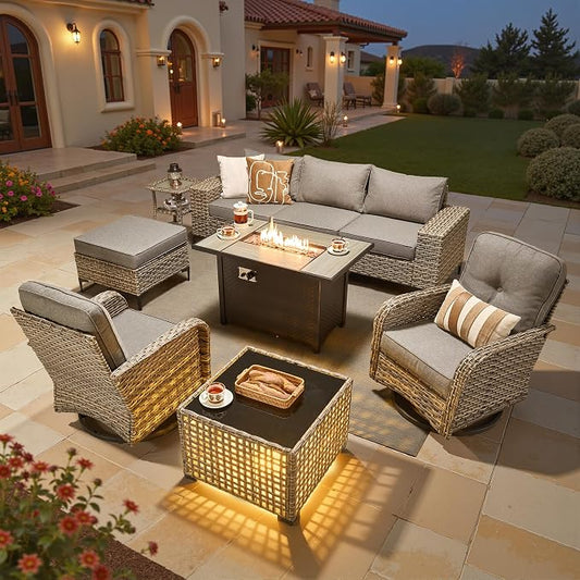 9 Pcs Patio Outdoor Furniture Set - All Weather Wicker Outdoor Sectional Sofa Couch with Swivel Fire Pit Table and Rocking Chairs e,Patio Rattan Conversation Set for Garden Deck Yard,Dark Grey