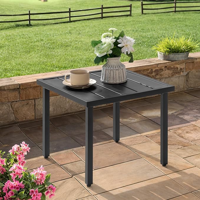 NUU GARDEN Outdoor Patio Side Table, Metal Side Table, Black | Features a slatted tabletop, adjustable feet and powder-coated metal construction for outdoor use and easy maintenance.